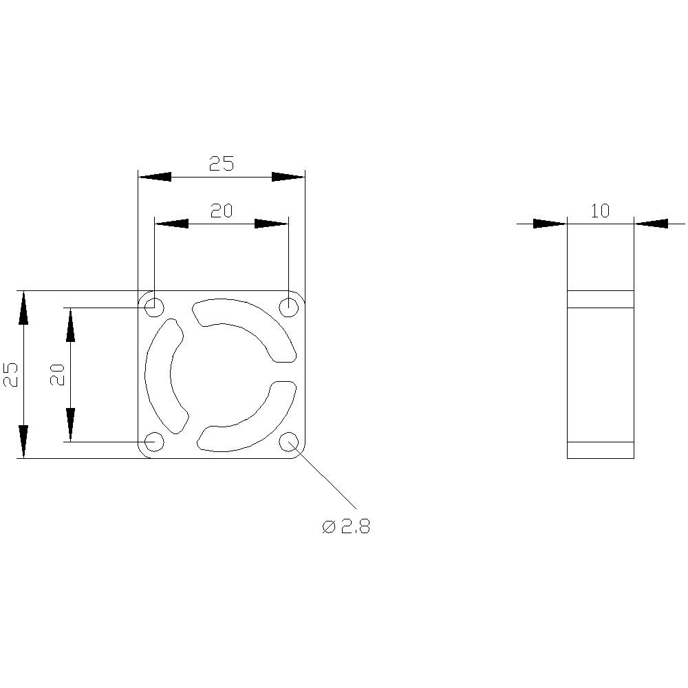 Technische Zeichnung eines quadratischen Bauteils mit kreisförmigen Öffnungen, Bemaßungen 25x25mm, Befestigungslöcher Ø 2,8mm.