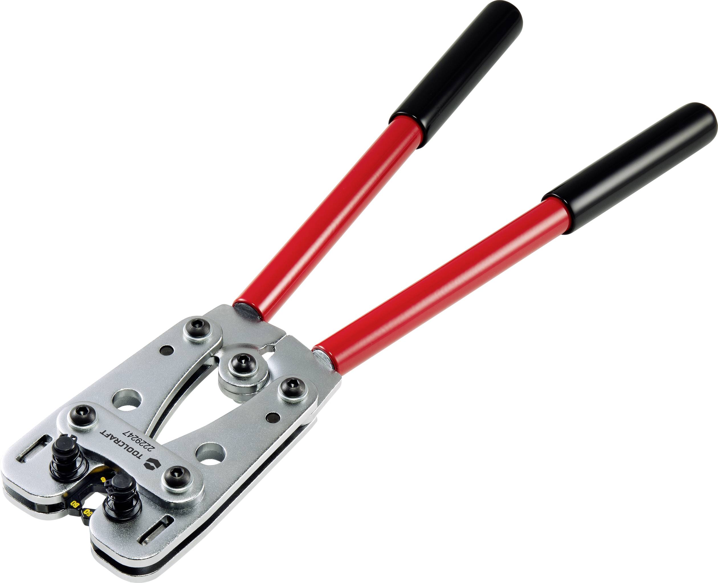Handcrimpzange mit roten Griffen, Metallkopf mit mehreren Schrauben und Hebelmechanismus, zum Pressen von Kabelschuhen geeignet.