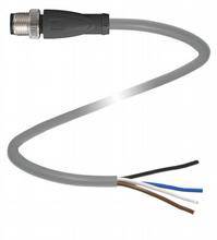 Ein graues Kabel mit Metallstecker am einen Ende und vier abisolierten Drähten am anderen Ende: schwarz, braun, blau und weiß.