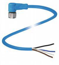 Ein blauer Sensorkabel mit einem abgewinkelten Stecker und offenen Enden für die Verdrahtung, geeignet für industrielle Anwendungen.