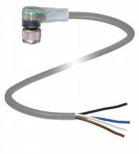 Ein graues Kabel mit einem angewinkelten Stecker am einen Ende und vier farbigen Drähten am anderen Ende: schwarz, weiß, blau, braun.