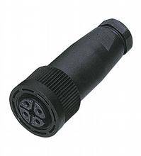 Ein schwarzer, zylindrischer Stecker mit gerilltem Griff und vierpoligem Anschluss, verwendet für elektrische Verbindungen.