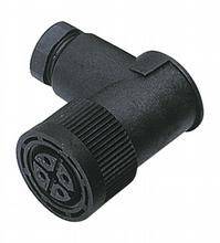 Ein schwarzer, gewinkelter Steckeradapter mit geriffelter Oberfläche und runder Anschlussbuchse, seitlich abgebildet.