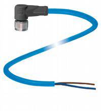 Blauer Sensorkabel mit gewinkeltem Stecker und abisolierten Enden. Eignet sich für die Verbindung von Geräten.