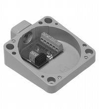 Gehäuse mit elektronischen Anschlussklemmen und Steckverbindungen, rechteckig, aus Kunststoff, zur Montage von Elektrokabeln.