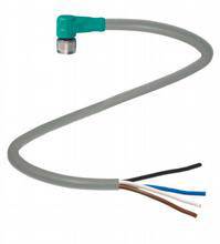 Graues Kabel mit rechteckigem, grünem Stecker am Ende und drei freiliegenden Drähten in Schwarz, Blau und Braun auf der anderen Seite.