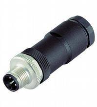 Schwarzer, zylindrischer Steckverbinder mit metallischem Gewindering und drei Stiftanschlüssen. Geeignet für industrielle Anwendungen.