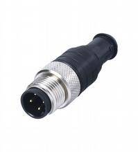 M12-Steckverbinder mit schwarzem, strukturiertem Kabelanschluss und metallischem Gehäuse, ideal für industrielle Anwendungen.