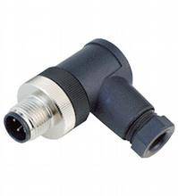 Ein schwarzer, rechtwinkliger elektrischer Stecker mit Metallgewinde und drei Pins, geeignet für industrielle Anwendungen.