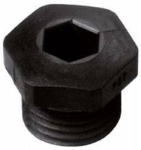 Schwarze sechseckige Schraube mit Innengewinde, aus Metall, vor weißem Hintergrund.