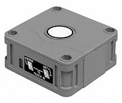 Grauer, quadratischer Sensor mit Kappe und schwarzem Bedienfeld mit zwei Symbolen für 'Mode' und 'Set'.
