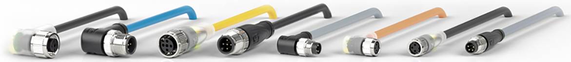 Mehrere industrielle Steckverbinder mit unterschiedlichen Farbcodierungen sind in einer Reihe angeordnet, um Vielfalt zu zeigen.