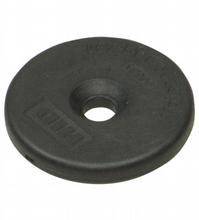 Eine runde, schwarze Hantelscheibe mit einem Loch in der Mitte, möglicherweise für Gewichtheben oder Krafttraining gedacht.