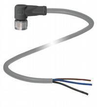 Ein gewelltes graues Kabel mit einem schwarzen, rechtwinkligen Stecker auf einer Seite und drei freiliegenden Drähten (blau, braun, schwarz) auf der anderen Seite.