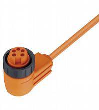 Orange Verbindungskabel mit rundem Stecker und mehreren Pins, isolierende Hülle. Verwendet für elektrische Verbindungen in Maschinen.