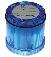 Blauer zylindrischer LED-Leuchtturm mit transparentem Gehäuse zur industriellen Anwendung, zeigt CE- und UL-Zertifikate auf der Oberseite.