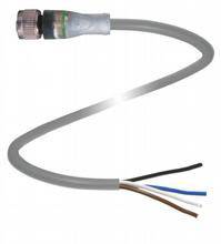 Bild eines mehradrigen Kabels mit Stecker, das vier farbige Drähte zeigt: schwarz, braun, blau und weiß. Verwendung in der Elektronik.