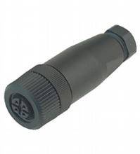 Ein schwarzer, zylindrischer Stecker mit mehreren Pins an einem Ende, verwendet für elektronische Verbindungen in Geräten oder Maschinen.