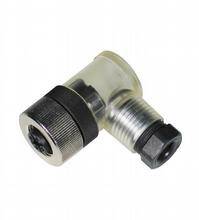 Ventil mit transparentem Gehäuse und Metallanschluss, typischerweise verwendet in pneumatischen Systemen für Luftsteuerung.