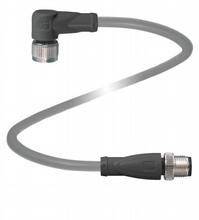 Ein graues, flexibles Industriekabel mit Winkelstecker links und geradem Stecker rechts.