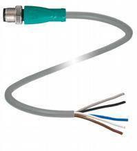 Ein graues Kabel mit grünem, metallischem Stecker und fünf offenen Drähten in unterschiedlichen Farben am Ende.