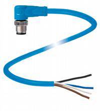 Ein blaues, abgewinkeltes Elektrokabel mit vier freiliegenden Drähten am Ende.