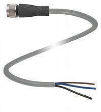 Graues Elektrokabel mit einem runden Stecker an einem Ende und freiliegenden Kabeln am anderen Ende.