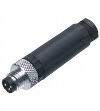 Schwarzer zylindrischer Stecker mit Metallgewinde und drei sichtbaren Pins für technische Anwendungen.