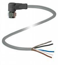 Abgewinkeltes Kabel mit mehreren farbigen, offenen Enddrähten, geeignet für elektrische Anschlüsse.