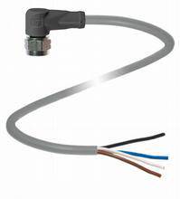 Schwarzer Winkelstecker mit grauem Kabel, das in vier offene, farblich codierte Adern endet: braun, blau, schwarz und grau.