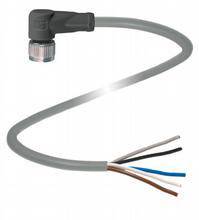 Ein graues Elektrokabel mit schwarzem Steckverbinder, aufgespleißt in vier farbige Drähte: braun, blau, schwarz und weiß.