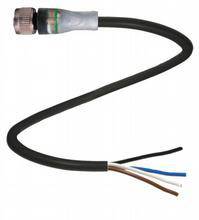 Schwarzes Kabel mit vier abisolierten Drähten an einem Ende und einem Metallanschluss am anderen.