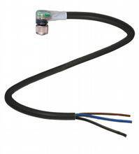 Ein schwarzes Kabel mit drei blanken Drahtenden (blau, braun, grün-gelb) und einem runden Sensor am anderen Ende.