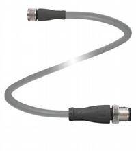 Ein graues, flexibles Kabel mit schwarzen Steckverbindern an beiden Enden, vermutlich für elektronische oder technische Anwendungen.