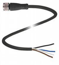 Ein elektrisches Kabel mit offenen Enden, bestehend aus vier farbigen Drähten: braun, blau, schwarz und weiß. Oben ein Stecker.
