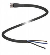 Koaxialkabel mit offenem Ende. Ein Ende hat einen Stecker, das andere drei freiliegende Drähte: blau, braun, schwarz.