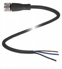 Ein schwarzes Kabel mit einem Stecker auf der einen Seite und offenen Drähten auf der anderen Seite: blau, braun und schwarz.