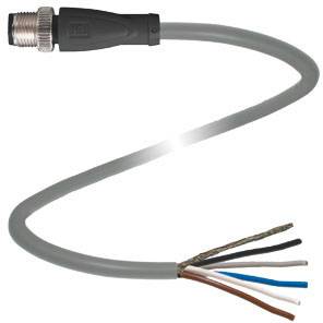 Graues elektrisches Kabel mit offengelegten, farblich gekennzeichneten Drähten am Ende, geeignet für Verkabelungsaufgaben.