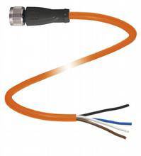 Ein orangefarbenes Kabel mit einem Stecker an einem Ende und vier getrennten Drähten am anderen Ende.