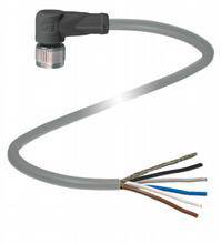 Ein graues Kabel mit sechs freiliegenden, unterschiedlich farbigen Drähten und einem rechtwinkligen Stecker am anderen Ende.