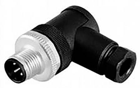 Schwarzer Winkelstecker mit metallischer Verschraubung, zeigt eine 90-Grad-Kabelverbindung, typisch für industrielle Anwendungen.