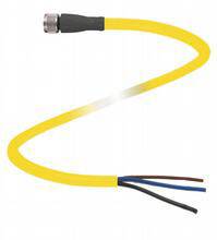 Gelbes Stromkabel mit drei abisolierten Enden in den Farben Schwarz, Blau und Braun. Ein Ende ist mit einem Stecker versehen.