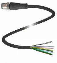 Ein elektrisch abgeschirmtes Verbindungskabel mit freiliegenden, mehrfarbigen Drähten am einen Ende und einem runden Stecker am anderen.