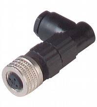 Ein schwarzer, rechtwinkliger elektrischer Stecker mit silbernem Gewindeanschluss. Hauptsächlich für industrielle Anwendungen geeignet.