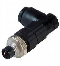 Ein schwarzer elektrischer Stecker mit einem metallischen Ring, Kabelanschluss und mehreren Pins, für industrielle Anwendungen.