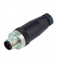 Schwarzer elektrischer Steckverbinder mit Metallgewinde und mehreren Pins, seitlich aufgenommen.