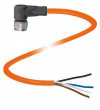 Ein orangefarbenes Kabel mit schwarzem Stecker und freiliegenden Enden. Das Kabel ist gebogen und zeigt verschiedene Drahtfarben.