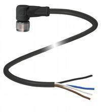 Ein schwarzes Kabel mit einem abgewinkelten Stecker und vier freiliegenden, unterschiedlich farbigen Drähten am Ende.