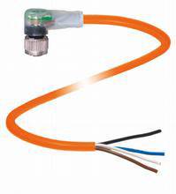 Ein orangefarbenes Kabel mit einem transparenten, abgewinkelten Stecker auf einer Seite und offenen Drähten auf der anderen Seite.