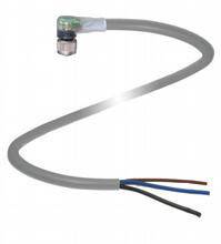 Graues Kabel mit gewinkeltem Stecker an einem Ende und drei offenen Adern in den Farben braun, blau und schwarz am anderen Ende.